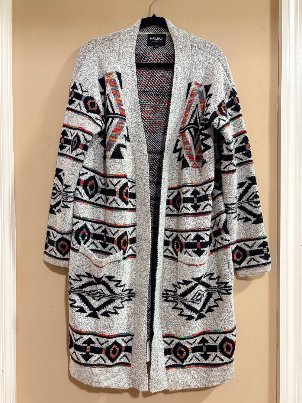 Gray Aztec Open-Front Long Women's Cardigan Sweater One Size